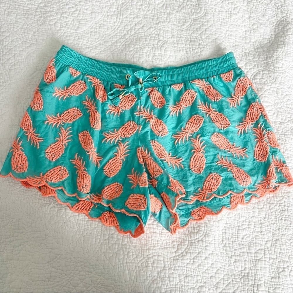 Lilly Pulitzer Teal Shorts with Coral Pineapple Embroidery